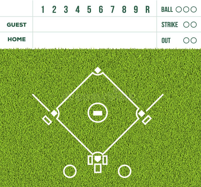 Honkbal witte lijn, de vertoning van de spelscore en de groene bedelaars van het grasgebied stock illustratie Honkbal witte lijn, de vertoning van de spelscore en de groene bedelaars van het grasgebied stock illustratie
