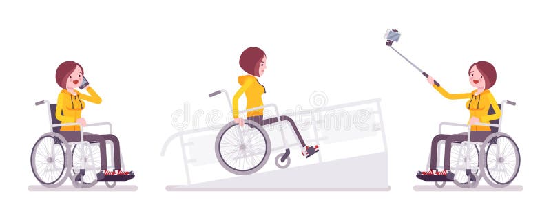 Disabled woman in wheelchair with phone, selfie camera, on ramp. Frustrations and fun. Physical disability and society. Vector flat style cartoon illustration, isolated, white background. Disabled woman in wheelchair with phone, selfie camera, on ramp. Frustrations and fun. Physical disability and society. Vector flat style cartoon illustration, isolated, white background