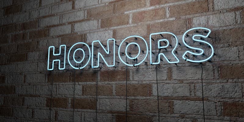 HONORS - Glowing Neon Sign on stonework wall - 3D rendered royalty free stock illustration