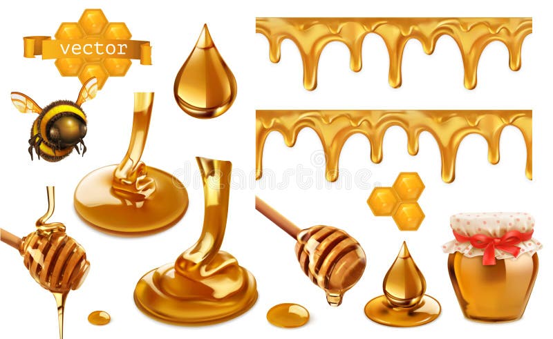 Honung, bi, honungskaka, droppe och sömlös modell Ställ in vektorbeståndsdelar