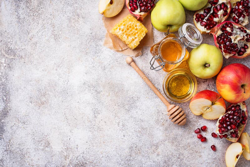 Honung, äpple och granatäpple för Rosh Hashana fotografering för bildbyråer Honung, äpple och granatäpple för Rosh Hashana fotografering för bildbyråer