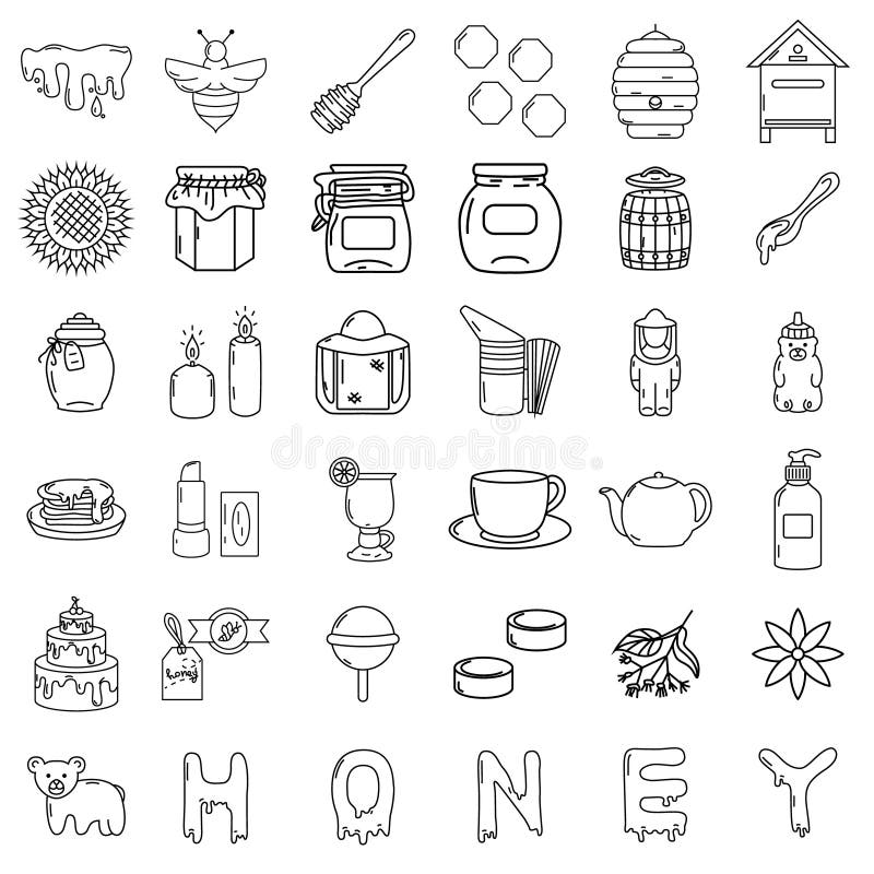 Honungsymboler, stor uppsättning, hand dragen stil vektor illustrationer Honungsymboler, stor uppsättning, hand dragen stil vektor illustrationer