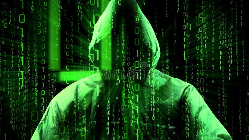 Hooded computer hacker with matrix style binary code in background - digital data safety concept - 3D 4k animation (3840 x 2160 px). Computer matrix video