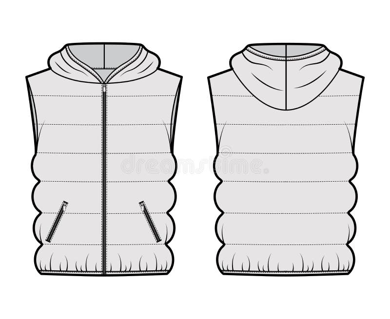 Hooded Down Vest Puffer Waistcoat Technical Fashion Illustration with ...