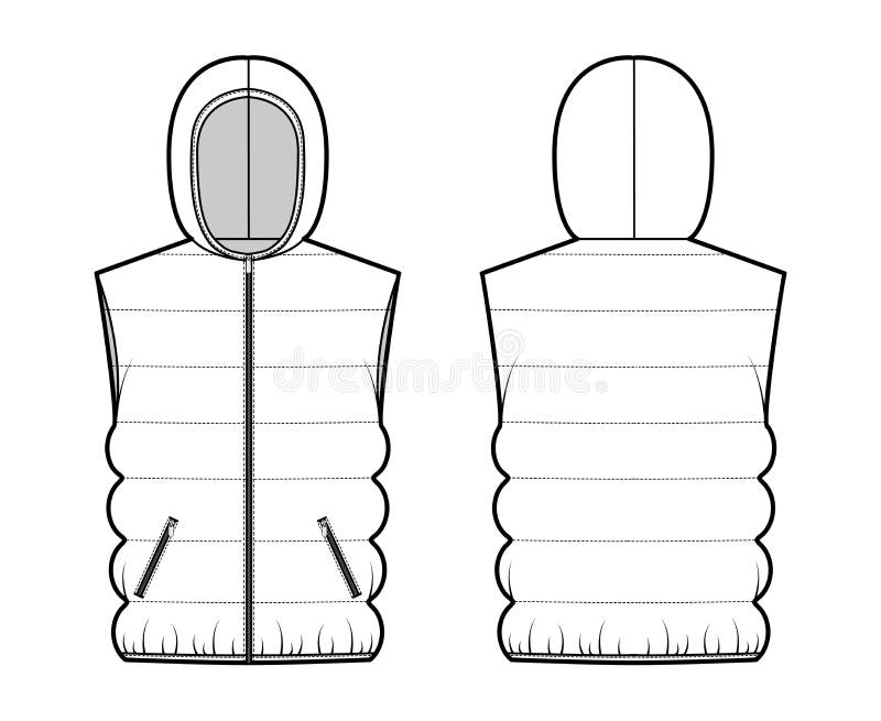 Hooded Down vest puffer waistcoat technical fashion illustration with sleeveless loose fit, hip length, classic quilting