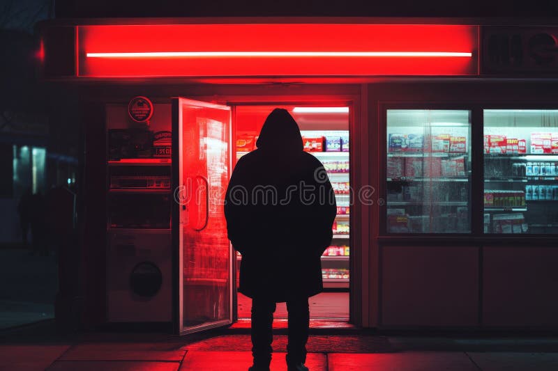 A hooded figure exits a convenience store at night, creating an anxious and tense atmosphere royalty free stock photography
