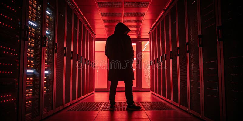 Hooded Figure in Red-Lit Server Room Cybersecurity Threat, Cybersecurity, Data Breach stock illustration