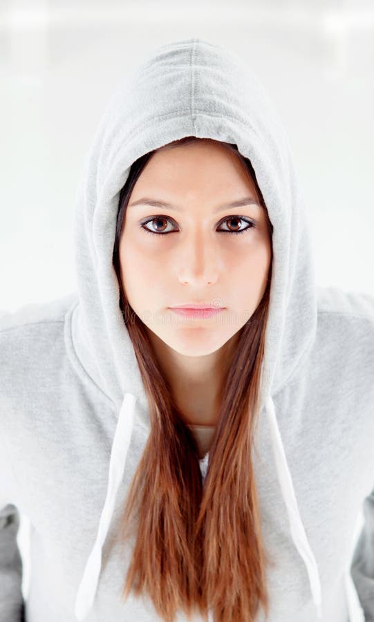 Hooded Girl with Grey Sweatshirt Stock Photo Image of long, pretty