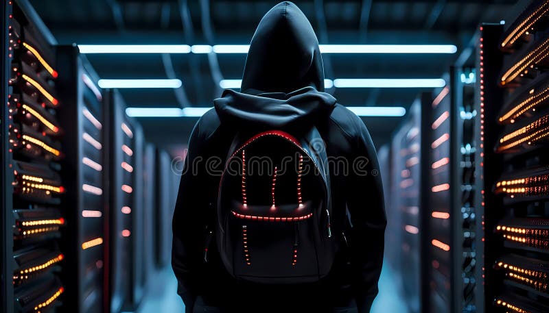 The hooded hacker from behind standing among working servers. Security technology vector illustration