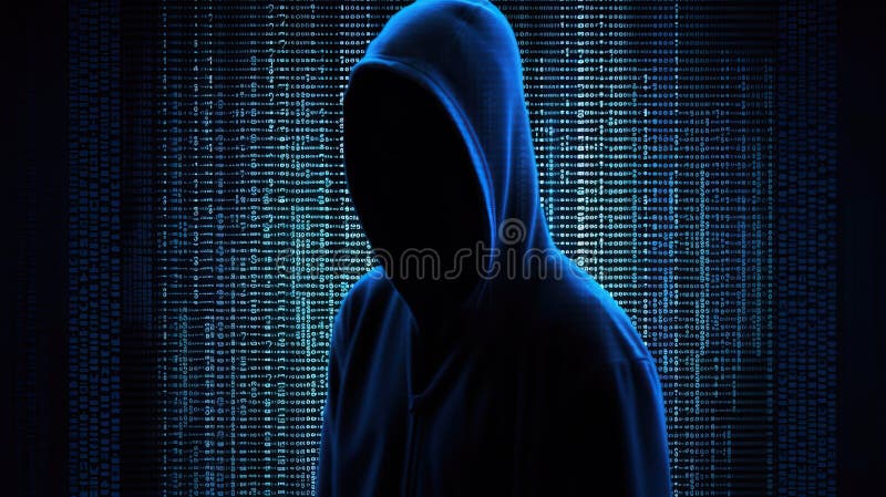 Hooded Hacker Binary Code Background Cybersecurity Intrusion Theme Generative AI. An ominous image of a hooded hacker over a background with binary code, depicting a cybersecurity intrusion theme