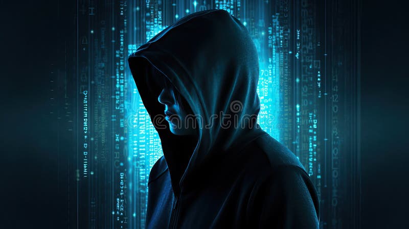 Hooded Hacker Binary Code Wallpaper Cyber Attack Risk Representation Generative AI stock illustration