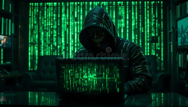 Hooded hacker, dark room, green matrix code, computer screen stock illustration
