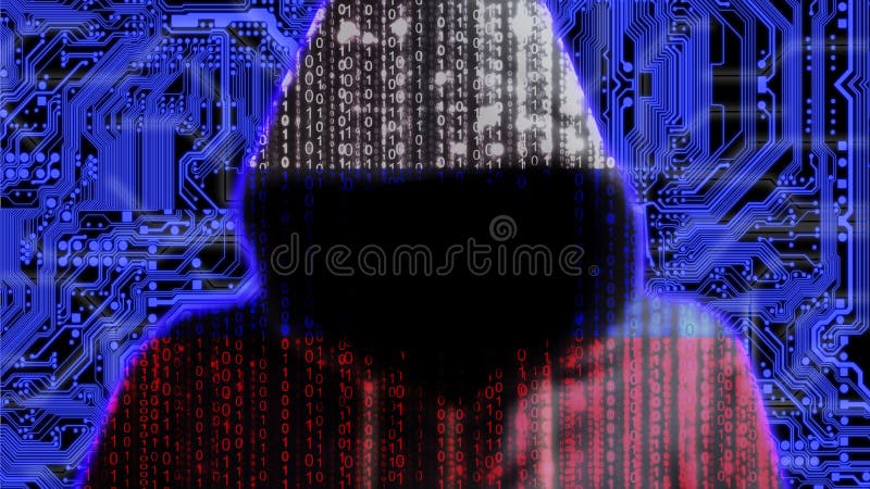 Hooded hacker with digital russian texture on circuit stock illustration