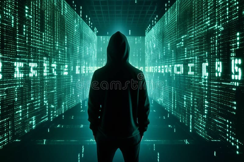 Hacker cu glugă în fața fundalului codului binar. concept hacking vector illustration
