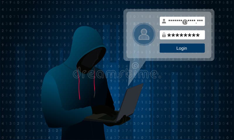 Hooded Hacker hacking or trying to login in, on binary code Background royalty free illustration