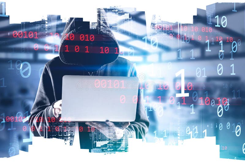 Hooded hacker with laptop in city, binary numbers stock images