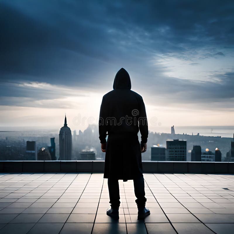 Hacker cu glugă pe acoperișul unei clădiri care se uită la orizont cu spatele lui generativ royalty free illustration