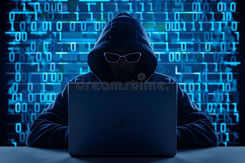 Silueta hacker cu cârlig cu cod binar care sugerează un mediu de amenințare cibernetică royalty free illustration