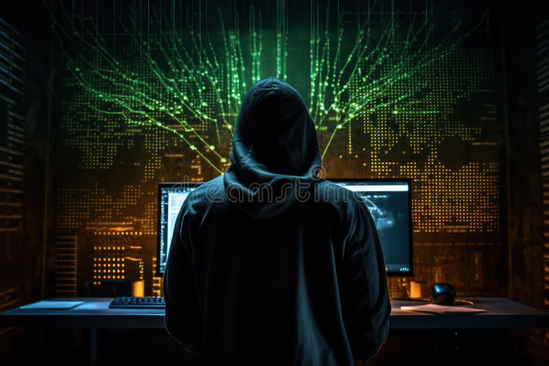Hacker cu glugă în picioare în fața fundalului strălucitor cu cod binar vector illustration