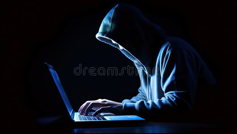 Hacker cu glugă care fură informații de la un computer laptop stock illustration