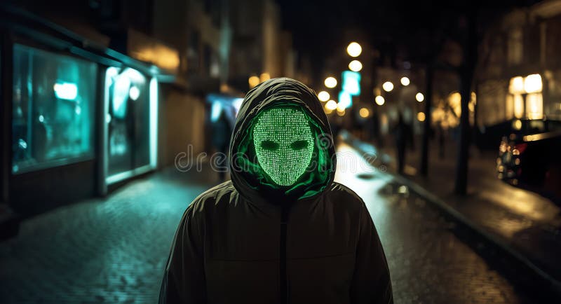 Hooded hacker wearing a mask made of glowing digital code, royalty free illustration.