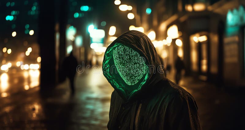 Hooded hacker wearing a mask made of glowing digital code, stock illustration.