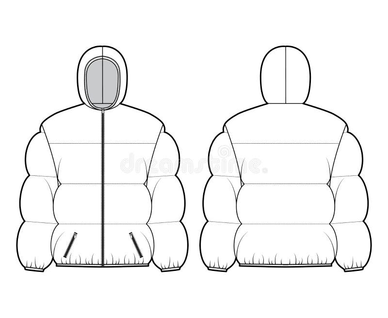 Hooded jacket Down puffer coat technical fashion illustration with long sleeves, pockets, hip length, wide quilting