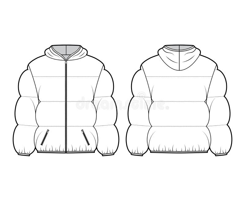 Hooded jacket Down puffer coat technical fashion illustration with long sleeves, pockets, hip length, wide quilting