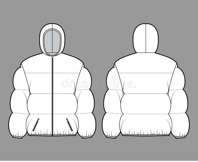 Hooded jacket Down puffer coat technical fashion illustration with long sleeves, pockets, hip length, wide quilting