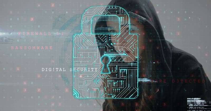 Hooded person focusing on cybersecurity, standing behind digital lock graphic royalty free stock photos