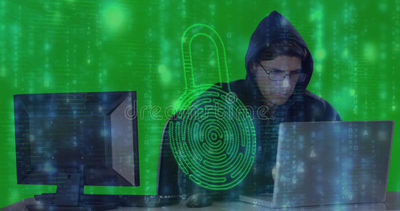 Hooded person using laptop with digital lock overlay, focusing on cybersecurity royalty free stock photo