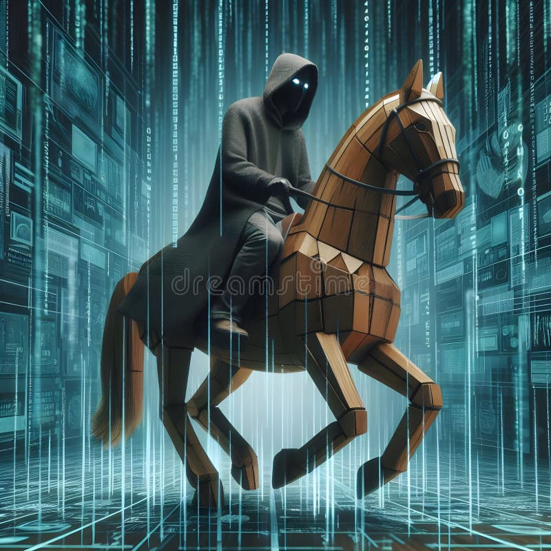 Hooded scammer riding Trojan horse in digital matrix technology space vector illustration