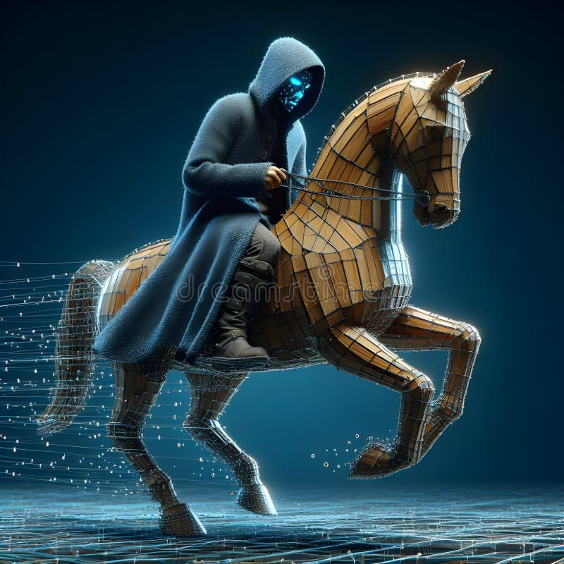 Hooded scammer riding Trojan horse in digital matrix technology space vector illustration