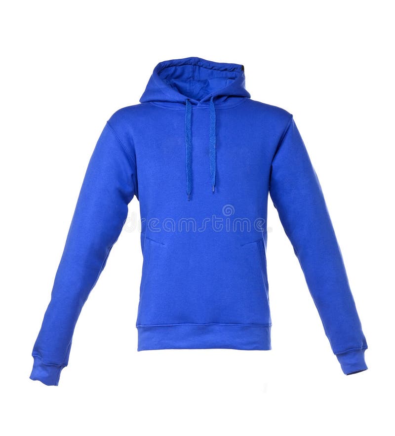 Hooded sweater shot in the studio. The colour of the sweater is royal blue. The hoody is isolated in front of white background. Dynamic colour stock images, royalty-free photos and pictures
