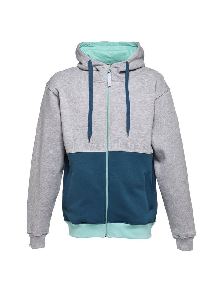 Hooded sweater for man shot in the studio. The colour of the sweater is gray, petrol and mint. The sweater is isolated in front of white background. Dynamic colour stock images, royalty-free photos and pictures