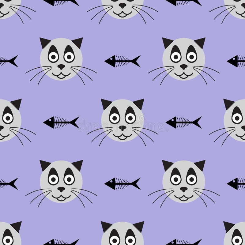 Hoofden van het glimlachen van kat en skeletten van vissen Grappig naadloos patroon Vector illustratie vector illustratie Hoofden van het glimlachen van kat en skeletten van vissen Grappig naadloos patroon Vector illustratie vector illustratie