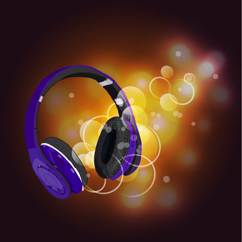 Hoofdtelefoons met magisch van muziek Purpere hoofdtelefoons en gele abstracte lichten vector illustratie Hoofdtelefoons met magisch van muziek Purpere hoofdtelefoons en gele abstracte lichten vector illustratie