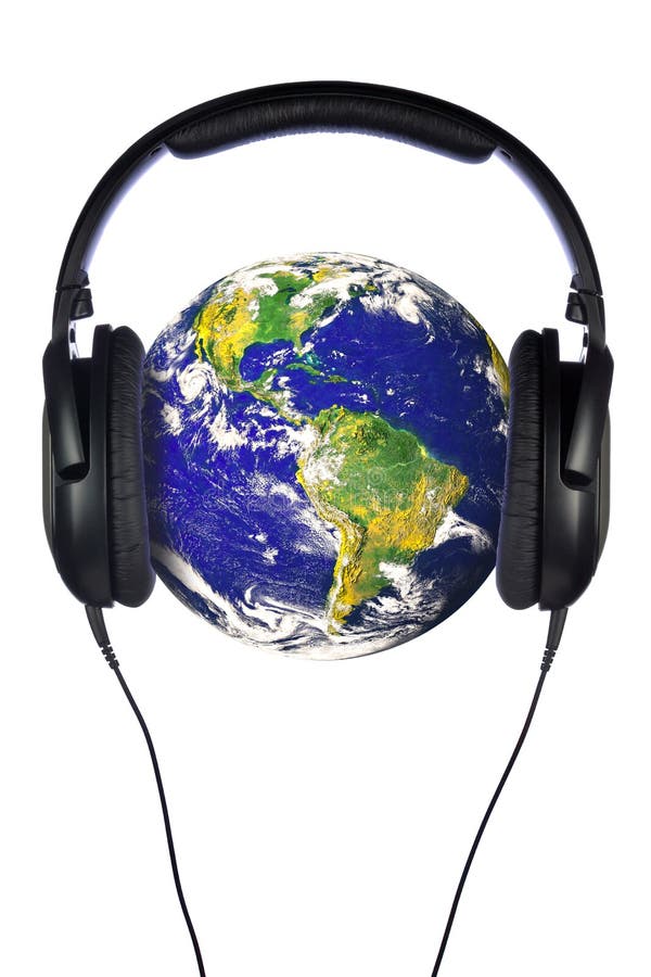 A pair of headphones on the world, globe courtesy of NASA public domain images. Isolated on a white background. A pair of headphones on the world, globe courtesy of NASA public domain images. Isolated on a white background.