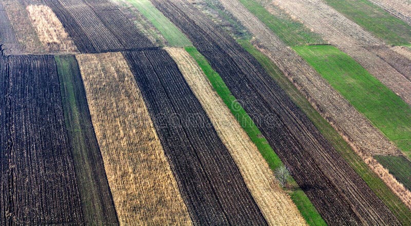 Colored geometrical crops on a tilth field seen from above. Colored geometrical crops on a tilth field seen from above