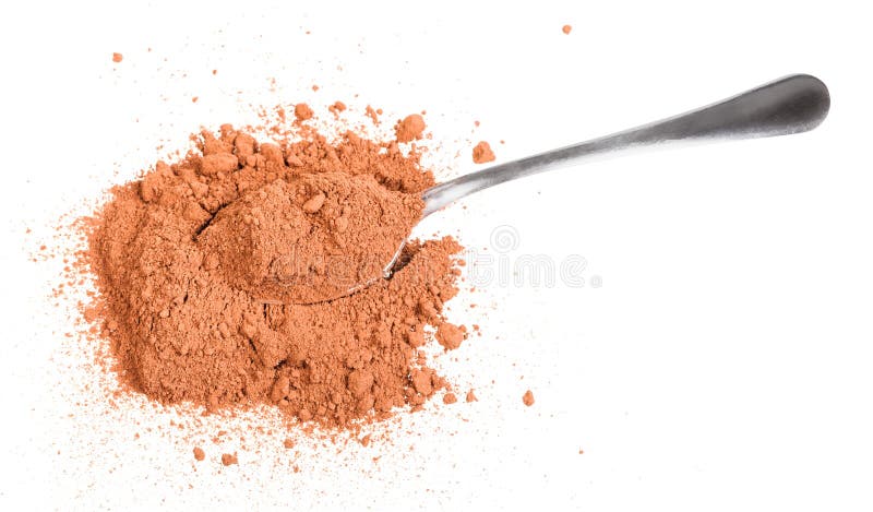 Hoogste mening van stapel van cacaopoeder met lepel stock foto Hoogste mening van stapel van cacaopoeder met lepel stock foto