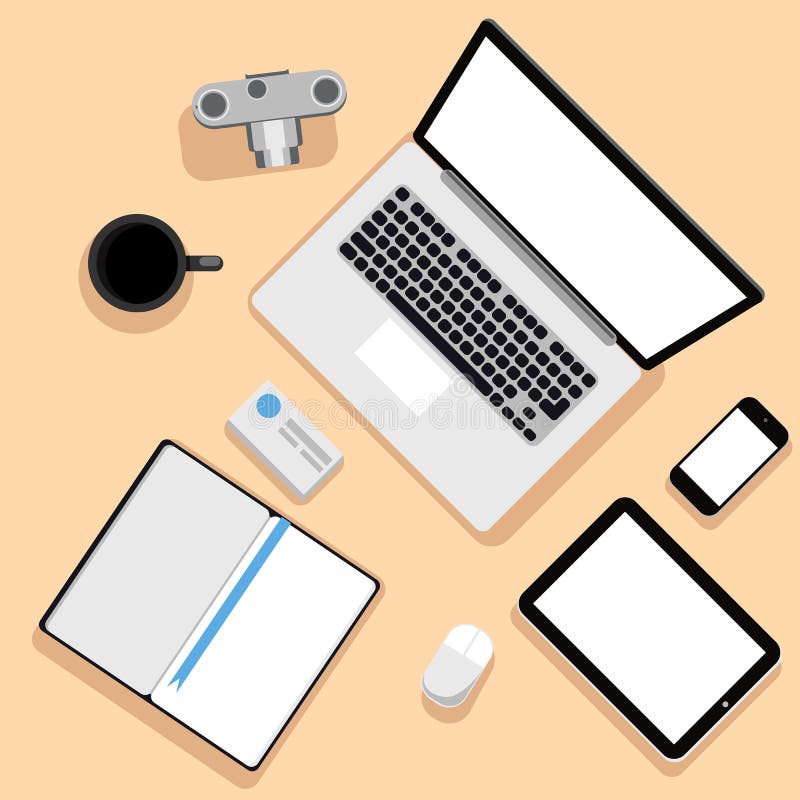 Hoogste mening van werkplaats met laptop en apparaten stock illustratie Hoogste mening van werkplaats met laptop en apparaten stock illustratie