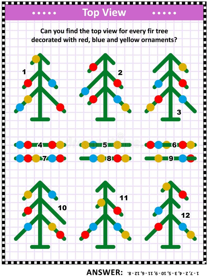Hoogste menings visueel raadsel met sparren en Kerstmisornamenten stock illustratie Hoogste menings visueel raadsel met sparren en Kerstmisornamenten stock illustratie