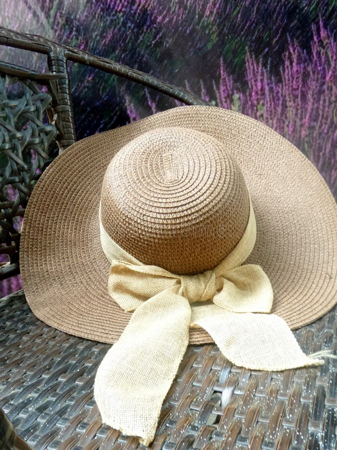 Hooihoed en mooie ribbin als tuinvoorzitter in bloemtuin stock afbeeldingen Hooihoed en mooie ribbin als tuinvoorzitter in bloemtuin stock afbeeldingen