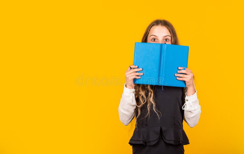 Hooked on Book. Small Child Cover Face with Book. Little Girl Read Book  Yellow Background. Cute Bookworm Stock Image - Image of bibliopole, read:  168881077