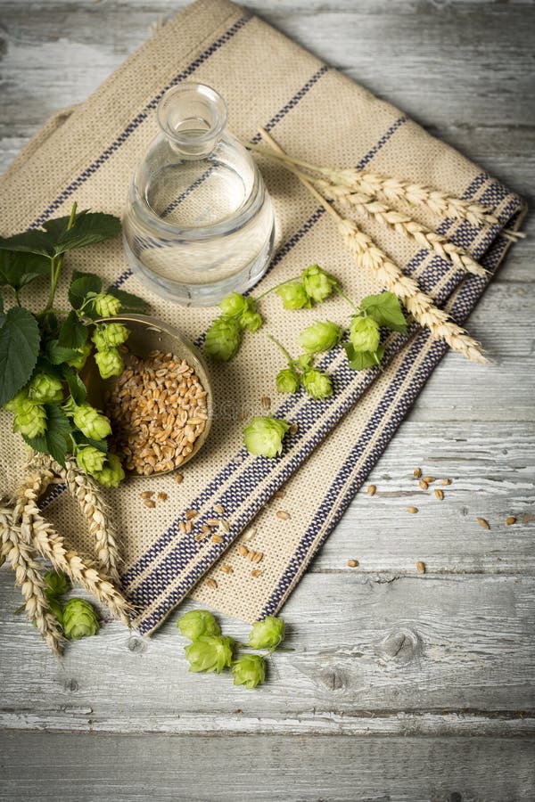 Hopbloemen, tarweoren en zaden, water ingrediënten voor het brouwen van bier op houten lijst stock foto Hopbloemen, tarweoren en zaden, water ingrediënten voor het brouwen van bier op houten lijst stock foto