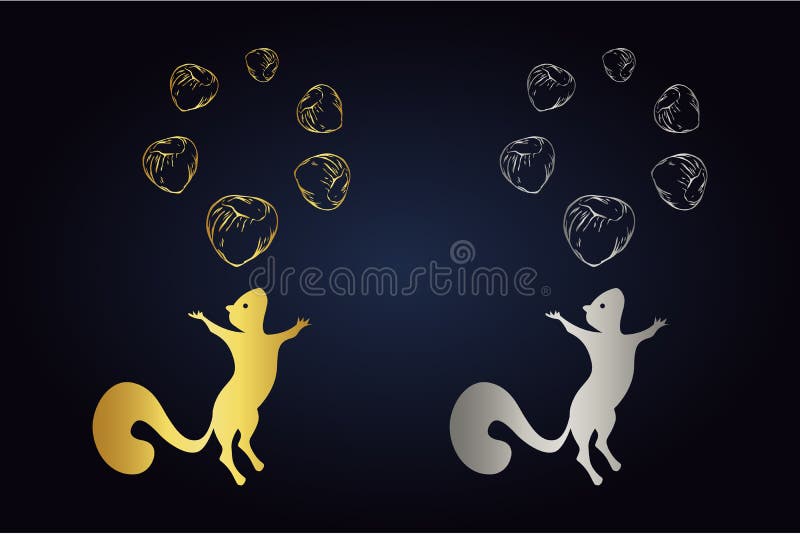 Hoppa ekorrekonturn och cirkeln av hasselnötter överst Logoen ställde in av ekorre med sex tokigt i guld- och silverfärger royaltyfri illustrationer Hoppa ekorrekonturn och cirkeln av hasselnötter överst Logoen ställde in av ekorre med sex tokigt i guld- och silverfärger royaltyfri illustrationer