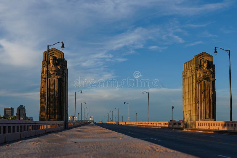 View of Hope Memorial Bridge and `Guardian of Traffic` sculptures from roadway Cleveland, Ohio. View of Hope Memorial Bridge and `Guardian of Traffic` sculptures from roadway Cleveland, Ohio