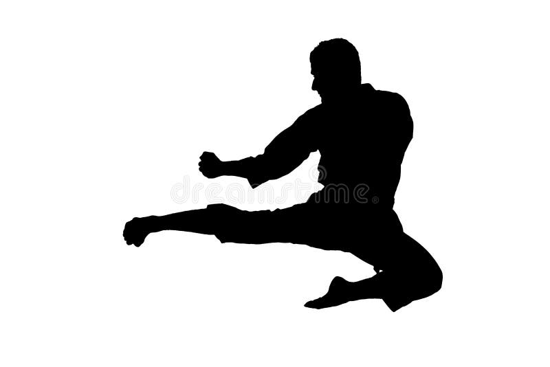 A silhouette of a karate jump isolated on white background. A silhouette of a karate jump isolated on white background