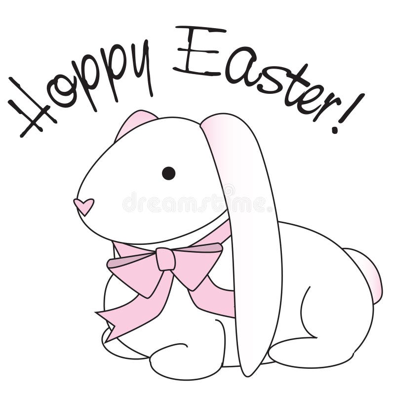 Illustration of a floppy eared bunny with a pink bow and the words hoppy easter. Illustration of a floppy eared bunny with a pink bow and the words hoppy easter.