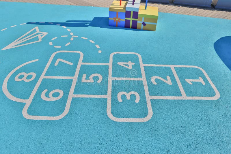 A Hopscotch in a Schoolyard. Jumping Hopscotch Game with Numbers Stock